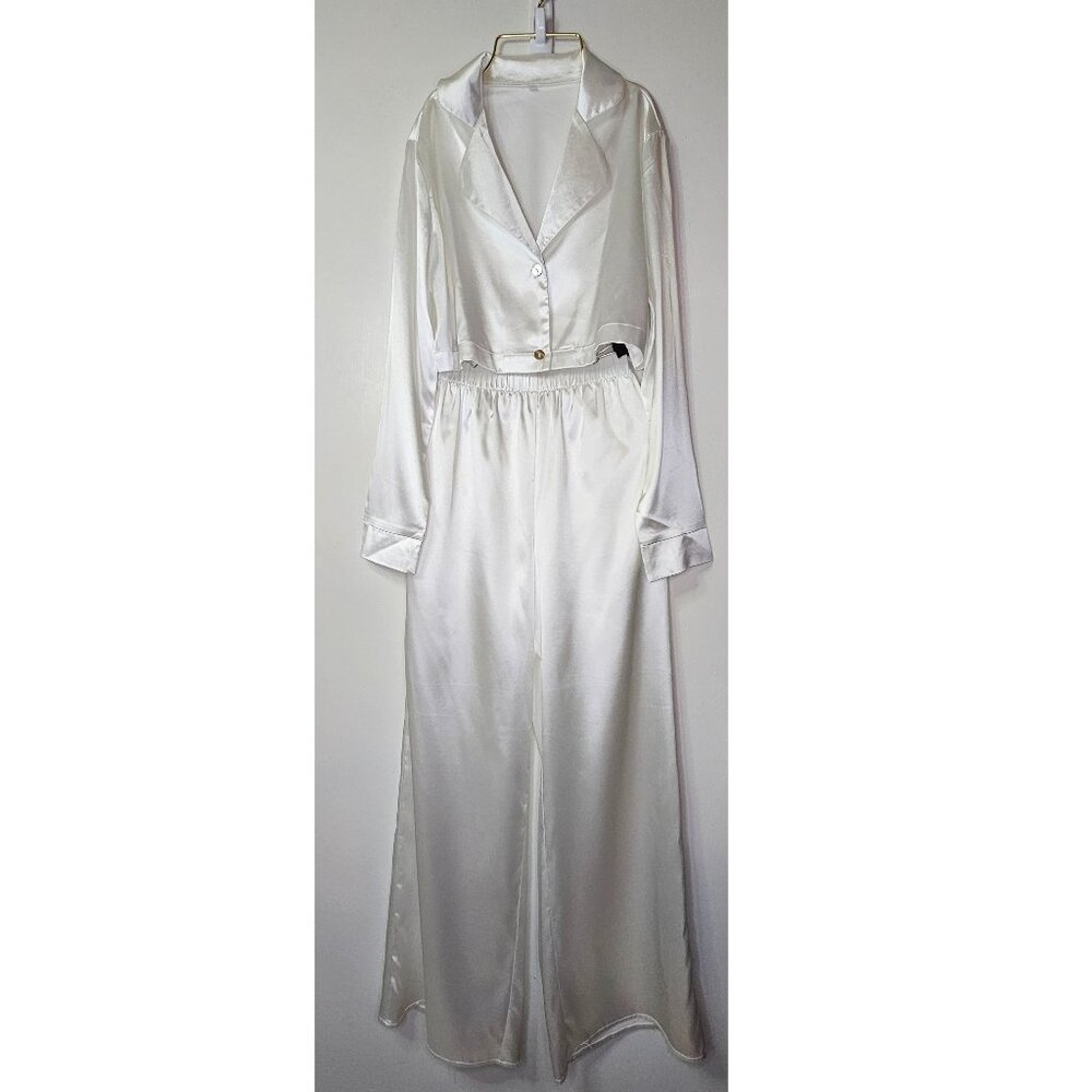 NWOT CUUP Satin Pajama Set Crop Top & Wide Leg Pants S L